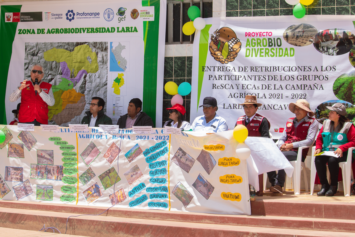 En la foto: César Sotomayor, coordinador nacional del Proyecto GEF Agrobiodiversidad SIPAM; Juan Carlos Guerrero, director general de la Dirección de Recursos Genéticos y Biotecnología del INIA; Jaime Escobar, vicegobernador del Gobierno Regional de Huancavelica; Yamina Silva, viceministra de Desarrollo Estratégico de los Recursos Naturales del MINAM; Urbano Cuicapuza, alcalde de la Municipalidad Distrital de Laria; Jesús Ochoa, Prefecto de Huancavelica; y Vilma Vilcas, Gerenta regional de Recursos Naturales y Gestión del Medio Ambiente de Huancavelica.